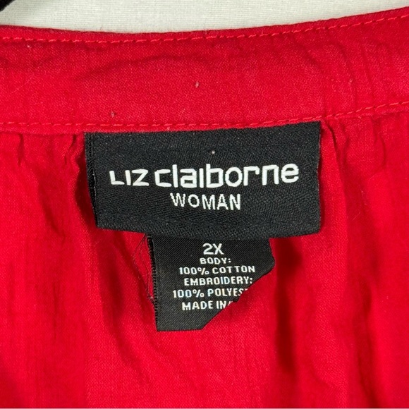 Liz Claiborne Red Tie Front Blouse with Embroidery Women’s Size 2X - Picture 3 of 6